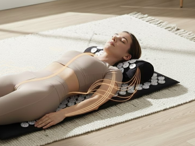 Woman using RecoverX acupressure mat for sciatica pain relief on floor
