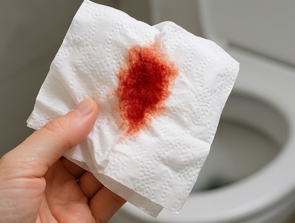 Sangramento nas fezes: papel higiênico com sangue vivo.