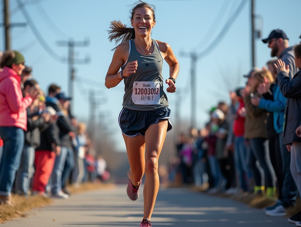 a woman running in a race with a crowd of people