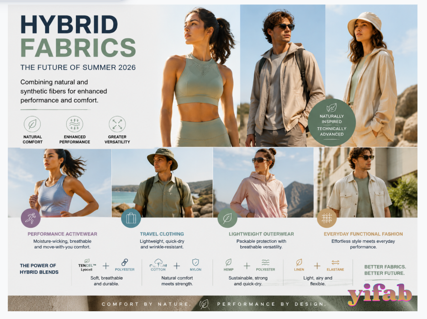 “Lightweight hybrid fabric for summer performance wear” “Breathable sustainable textile swatches”