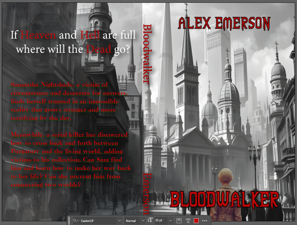 The cover art for Bloodwalker, a woman in color in front of a city in black and white