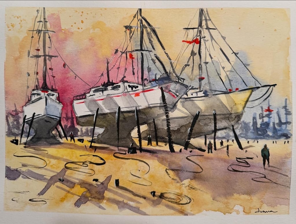 a painting of boats out of the water, ready for maintenance and reparation