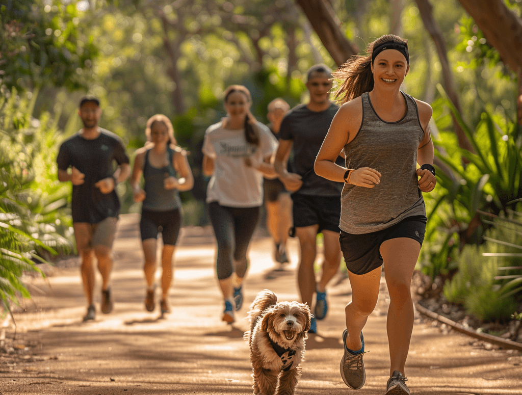a dog is running on a path with people and a dog