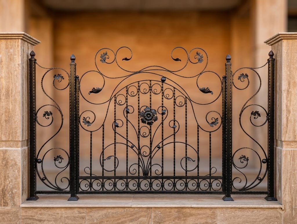 Ornate black wrought iron decorative fence with floral scrolls mounted on a tan stone wall.