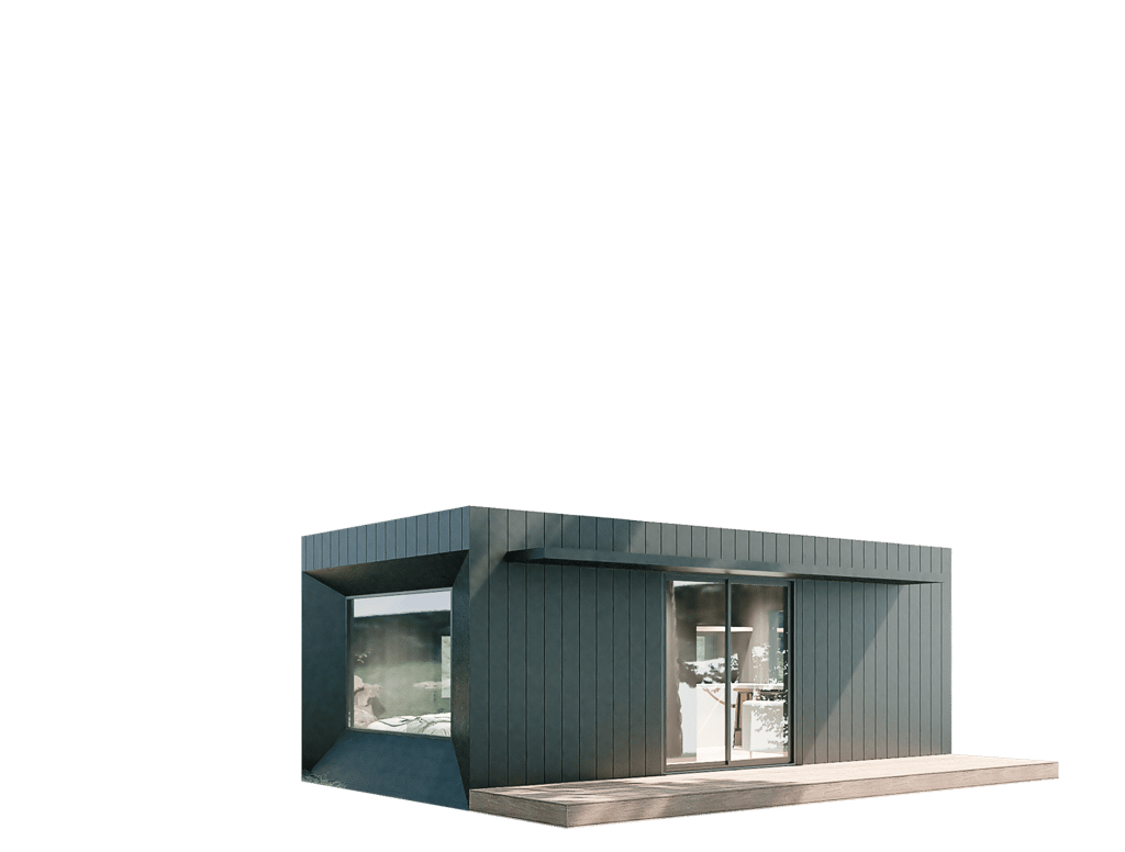 a small house with a large window and a small window