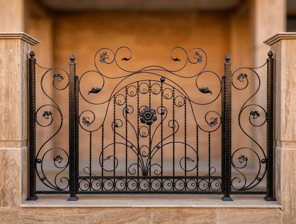 Ornate black wrought iron decorative fence with floral scrolls mounted on stone pillars.