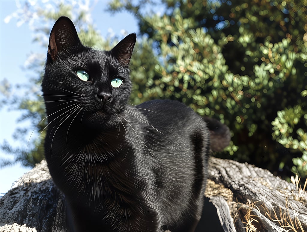 a black cat sitting on a rock in the sun