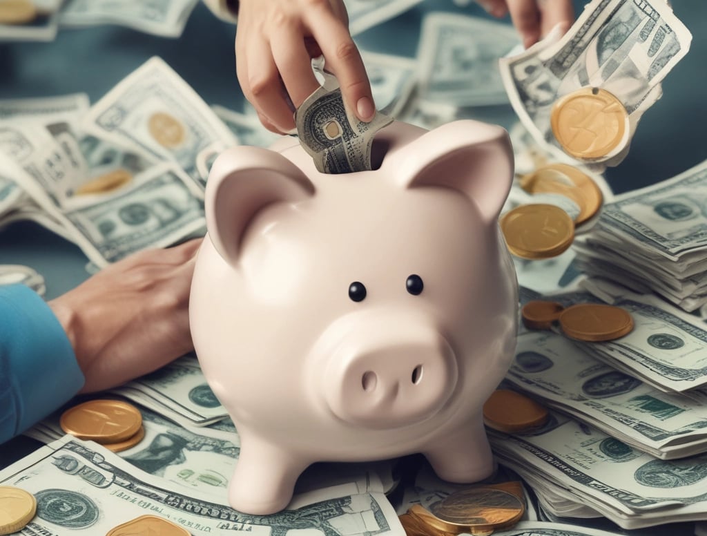 a man holding a jar with a savings label on it