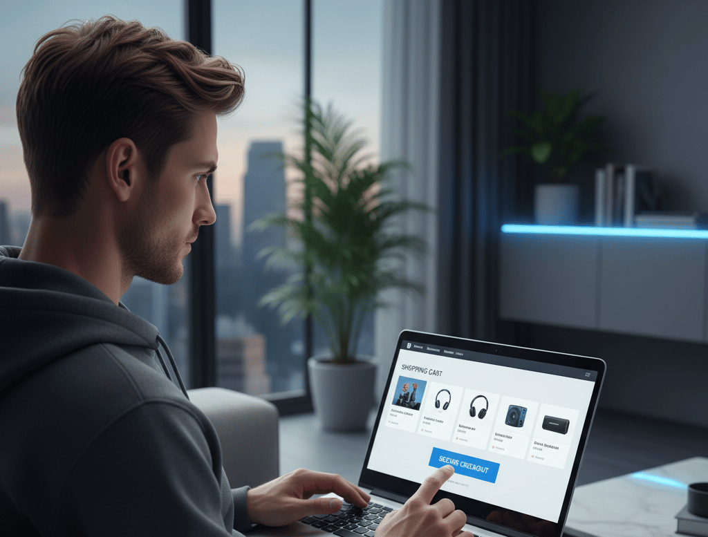 Seorang pelanggan berbelanja online melalui laptop di sofa, layarnya menampilkan keranjang belanja.