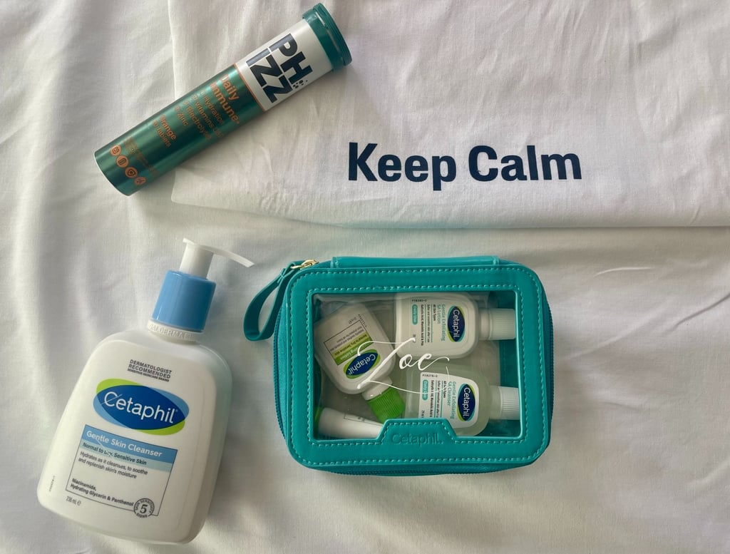 Cetaphil goody bag with personalised miniatures and Phizz vitamins.