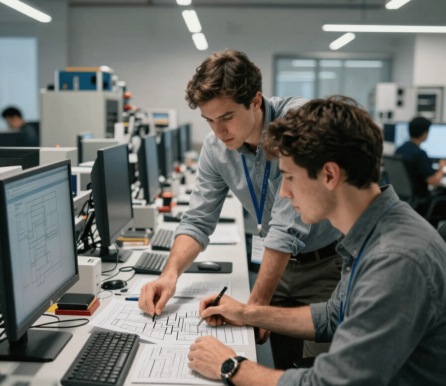 Wide environmental shot of a busy engineering office, two professionals reviewing technical documents spread across a standing desk under cool overhead lighting, one pointing at a circuit diagram, real industrial equipment visible in the background, mid-distance framing