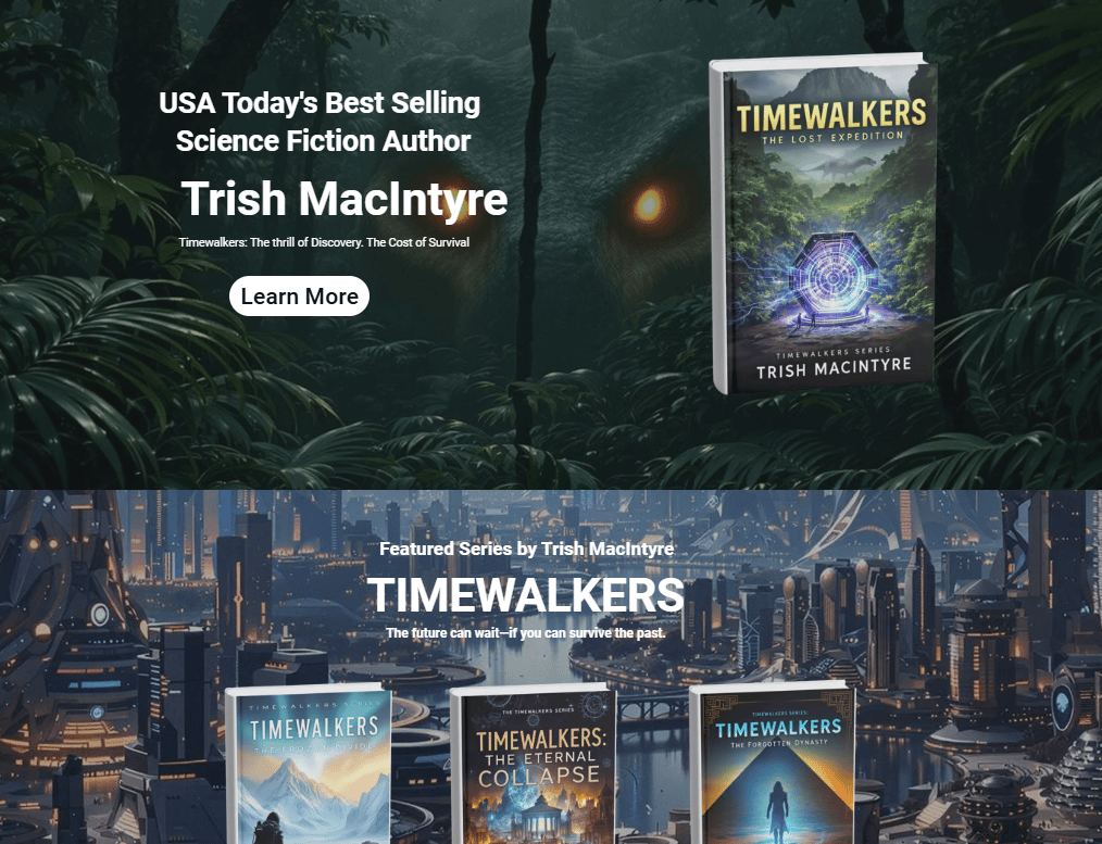 screenshot of a sample author webpage featuring the Timewalkers book