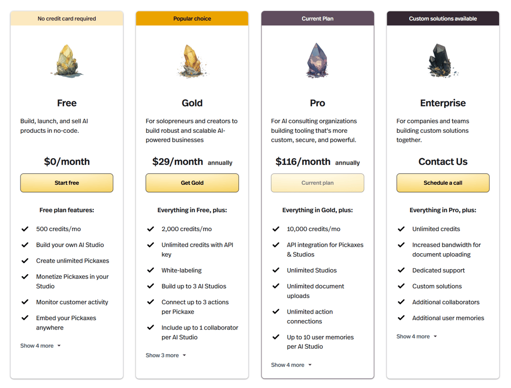 Pickaxe Pricing Tiers for Free, Gold, Pro, and Enterprise Plans