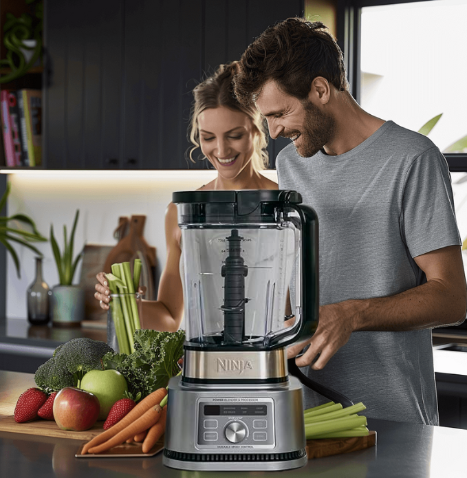 a man and woman standing in a kitchen