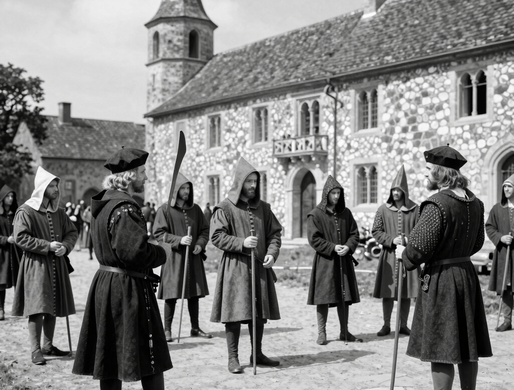 Knight in armor adjusting helmet in dark setting