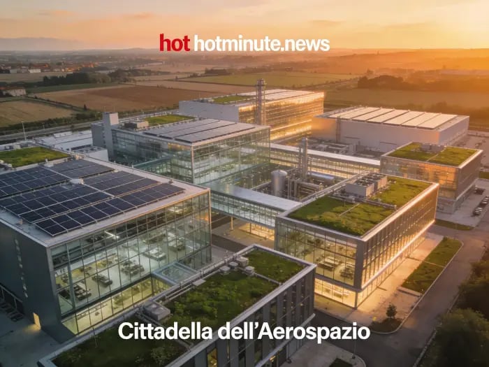 Veduta aerea della Cittadella Aerospazio Forlì 2026 con laboratori moderni e architettura sostenibil