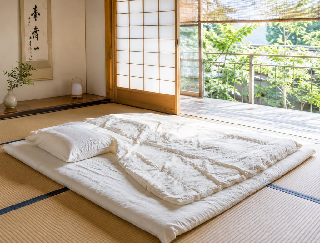 Traditional Japanese ryokan room featuring a white futon mattress on tatami flooring with shoji doors.