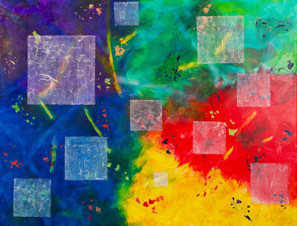 Abstract acrylic and origami paper collage of floating squares and detritus on a colorful river