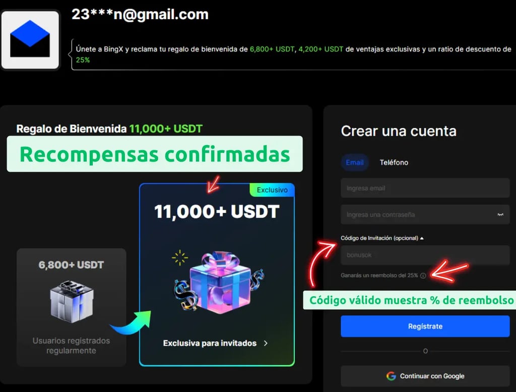 BingX $11 000 Bono de Bienvenida + 25% reembolso: usa el código de referido válido y activo BONUSOK