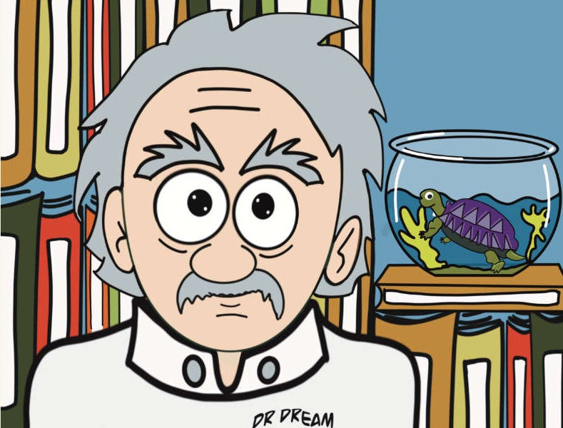 Hombre con una estantería y una tortuga en una pecera