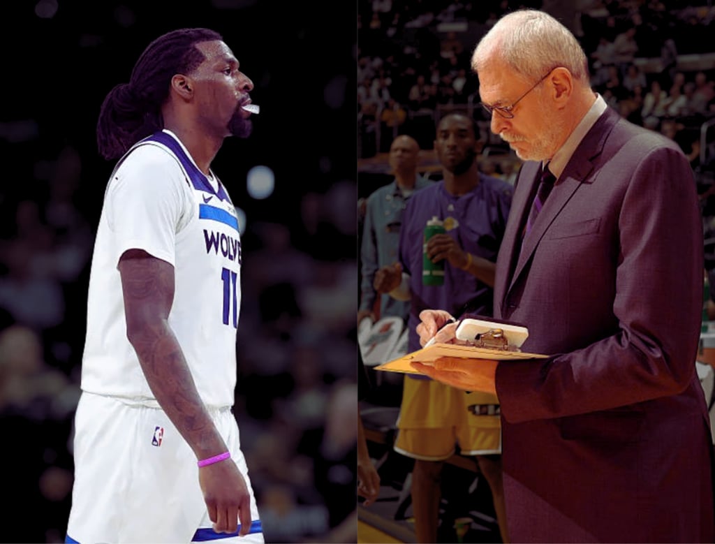 Left: Naz Reid of the T-Wolves during game 5 vs. Spurs (May 12, 2026). Right: Phil Jackson coaching the Lakers (Nov. 9, 2007)