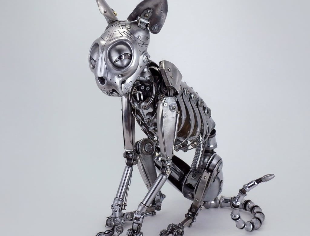 Igor Verny steampunk metal dog sculpture, small metal sculpture of a skeleton dog