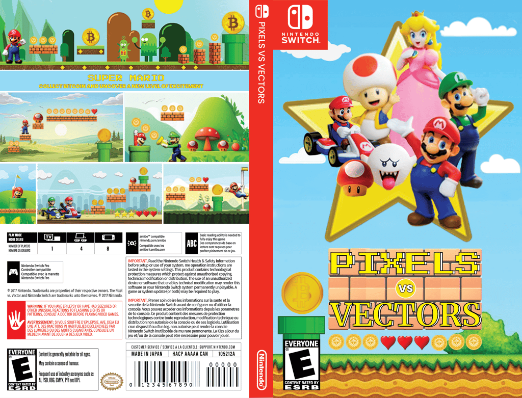 Nintendo Switch game case for 'Pixels vs Vectors,' displaying front, back, and spine.