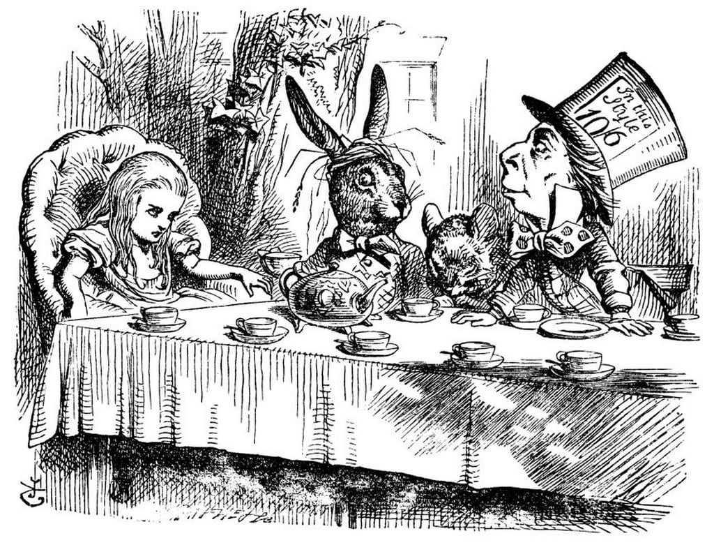 John Tenniel - Alice with the March Hare and the Mad Hatter illustration, 1865, Macmillan