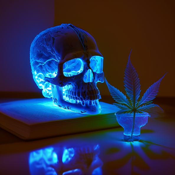 a skull head with a marijuana leaf in the foreground