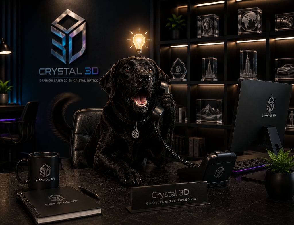 Cristal óptico grabado con fotografía de perro en 3D