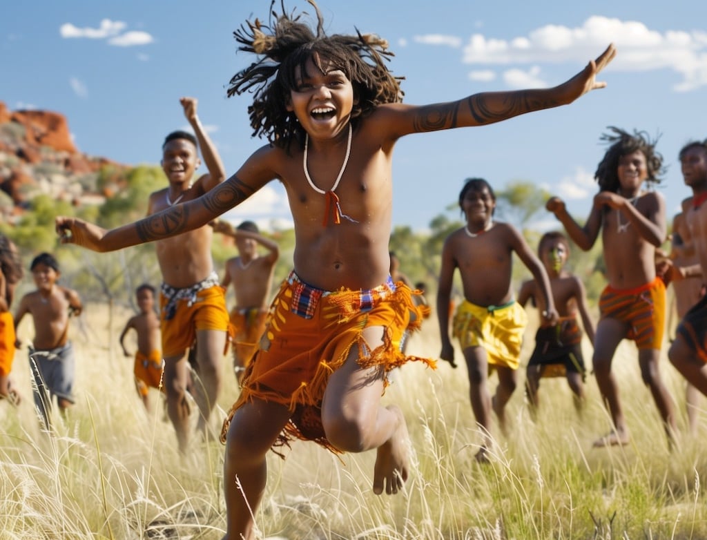 Happy smiling Australian Aboriginal children running and playing in bush