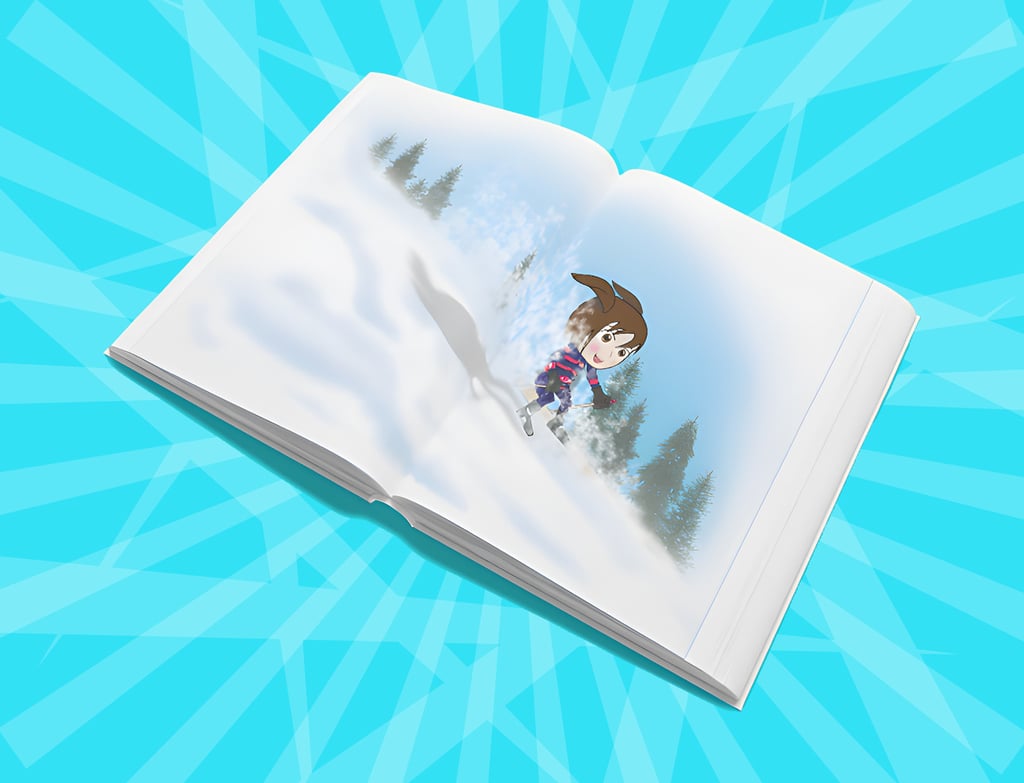 “Open children’s book with a girl skiing down a snowy hill among pine trees — playful winter illustration.”
