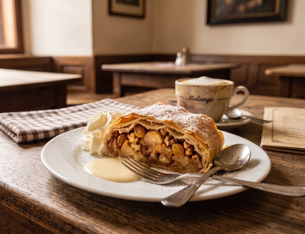 Un trozo de strudel de manzana tradicional (Apfelstrudel) servido en un plato blanco con crema 
