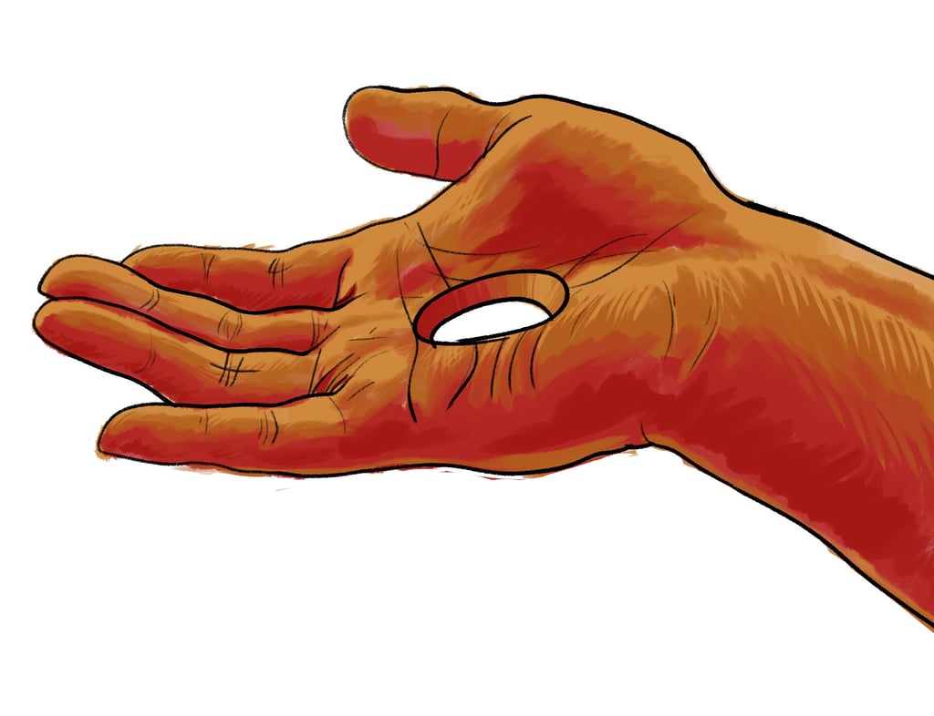 Illustration of a person's open palm with a hole in the center, symbolizing loss or emptiness.