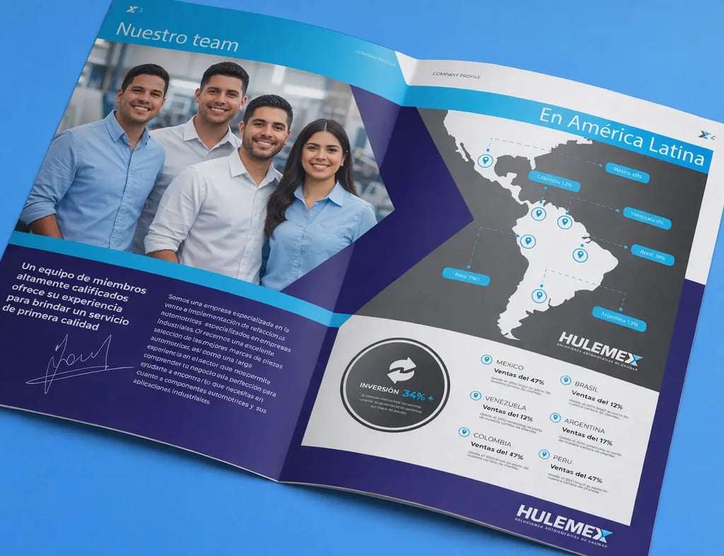Company profile Hulemex con team e mappa America Latina, esempio di branding consapevole aziendale.