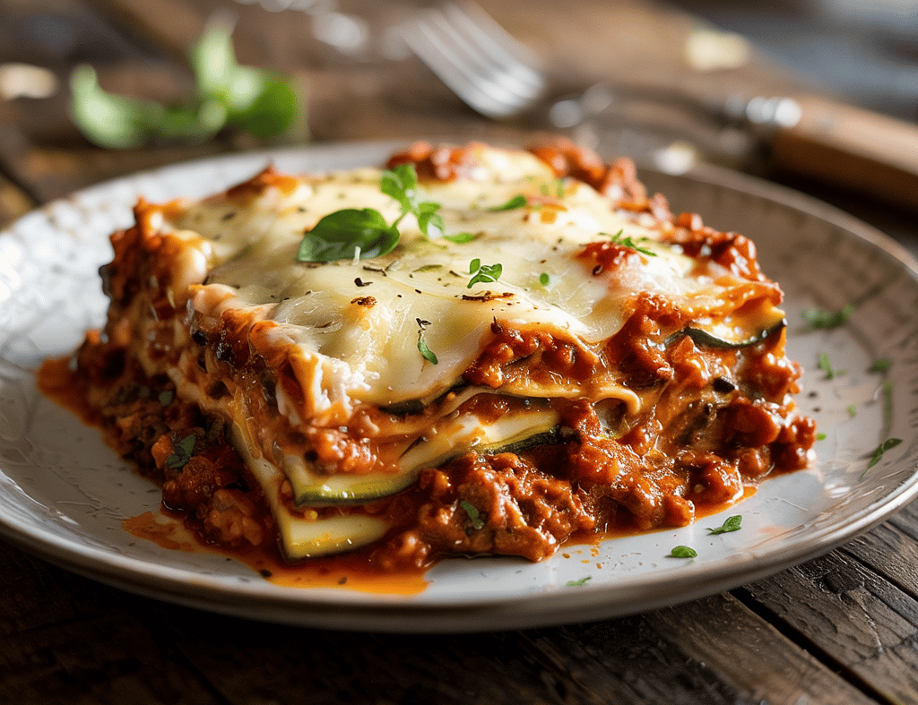 Slice of keto zucchini lasagna with layers of meat sauce and cheese.
