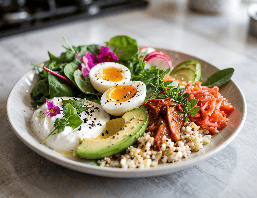 Gut-Friendly Keto Glow Bowl with cauliflower rice, avocado,sauerkraut,and soft-boiled eggs in a bowl