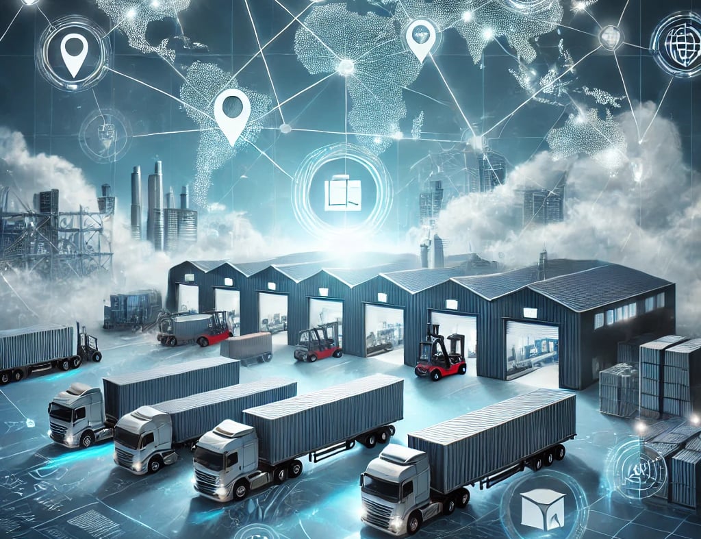 a group of trucks with a map of the world above them
