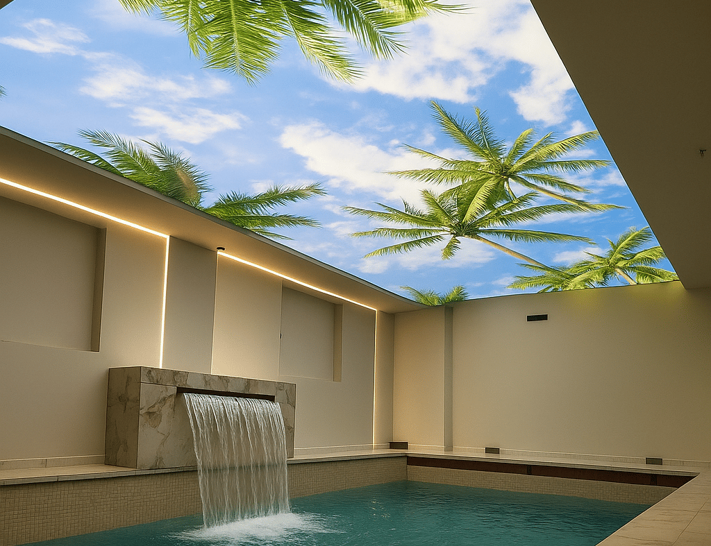 Proyecto de techos retroiluminados de gran formato en piscina interior