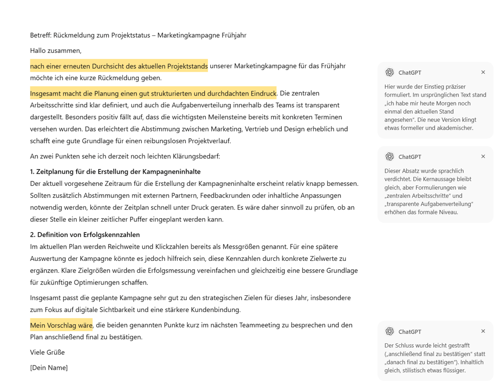 Ansicht eines Canvas-Dokuments mit Textmarkierungen und KI-Kommentaren zur gezielten Überarbeitung.