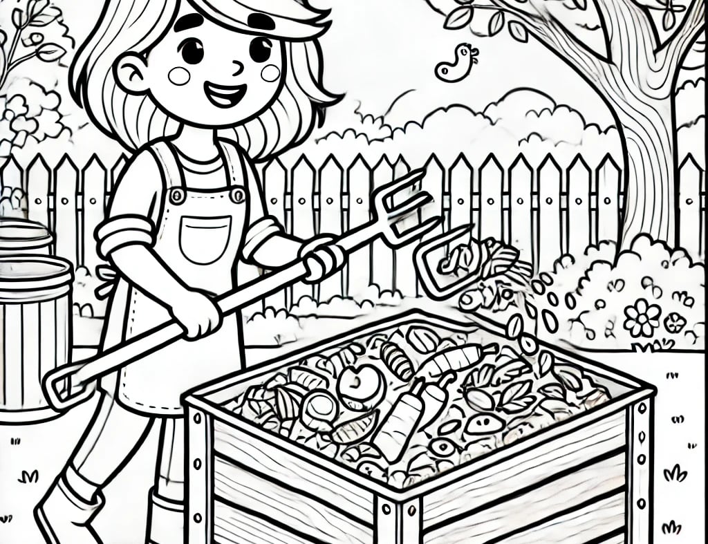 a cartoon women working a compost bin