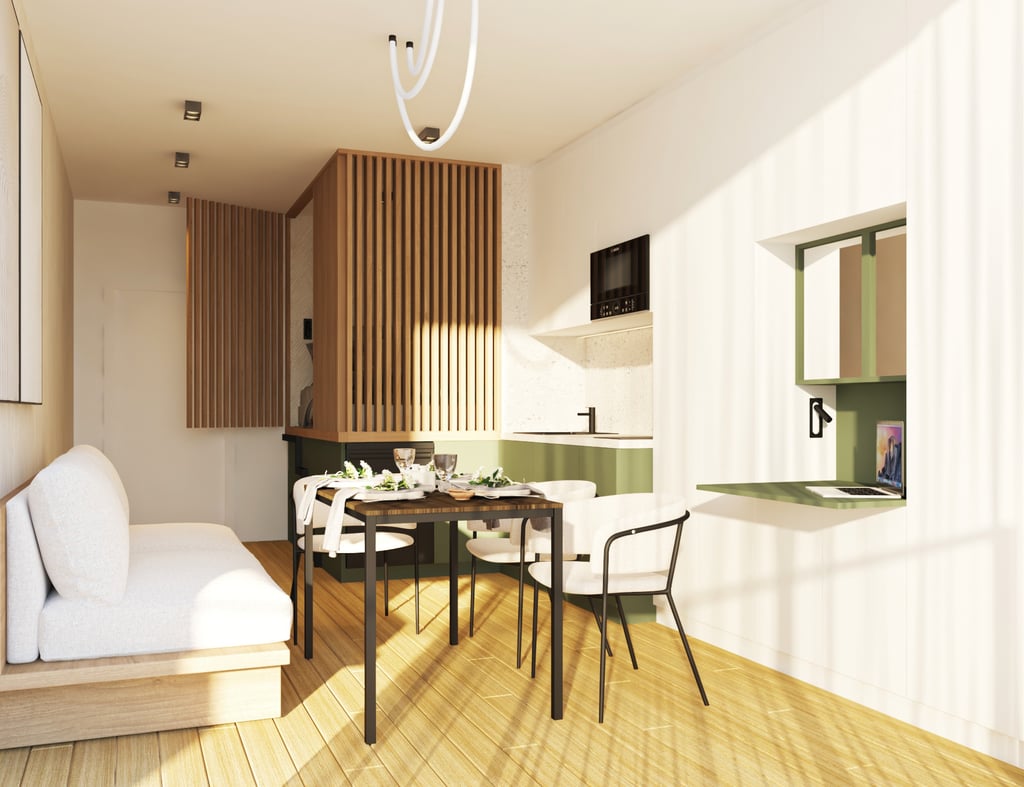 A small apartment design that includes a bed, kitchen, and stairs, emphasizing functionality in limi