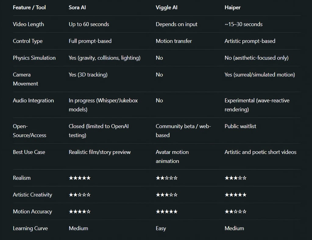 Deep Comparison Table sora, viggle, haiper