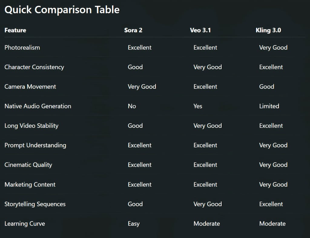 Sora 2, Veo 3.1, and Kling 3.0 Compared