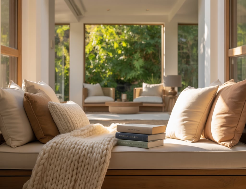 A stunning editorial interior photograph showcasing a built-in window reading nook as the central fo