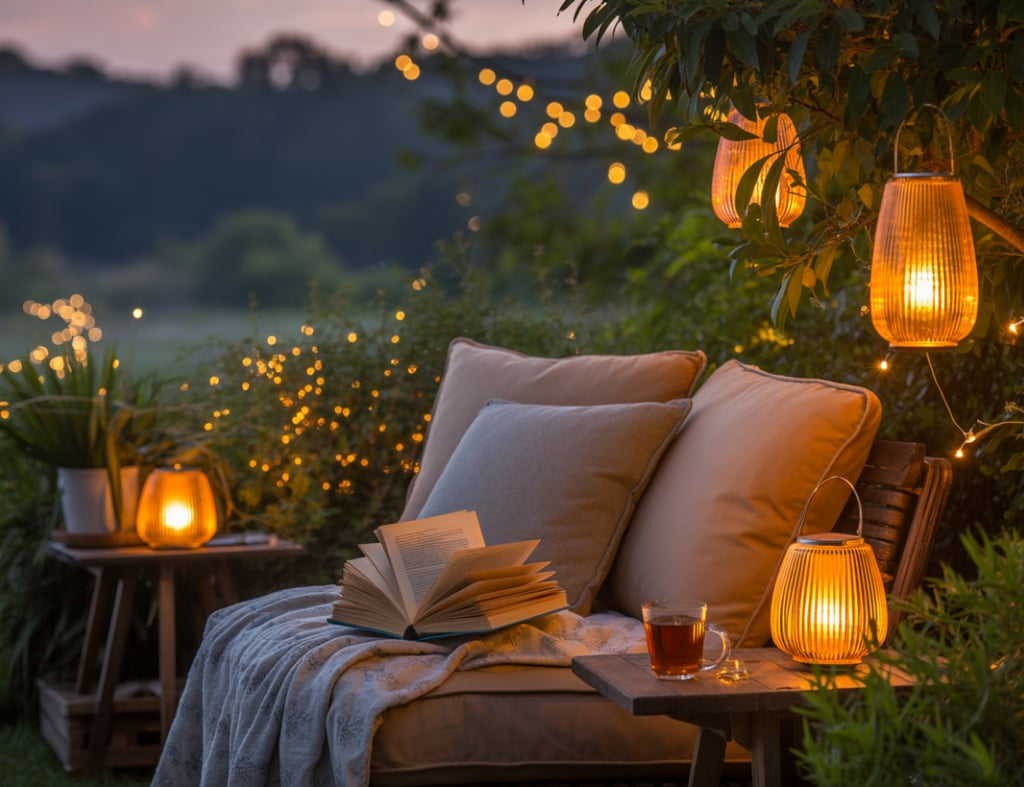 Evening outdoor reading nook scene with soft lantern lighting, warm glow illuminating book and seati