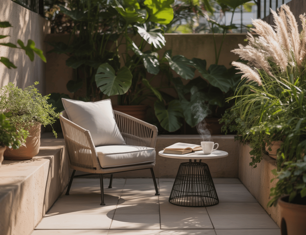 Evening outdoor reading nook scene with soft lantern lighting, warm glow illuminating book and seati