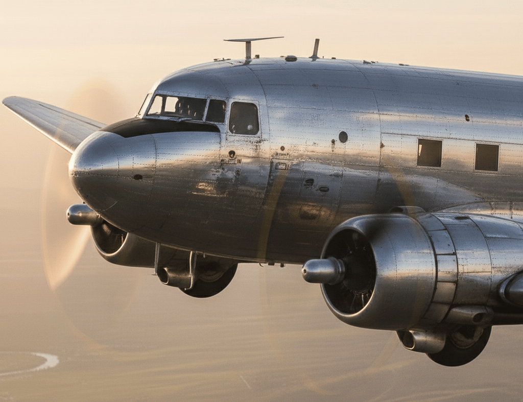 a silver airplane with a propeller and a propeller