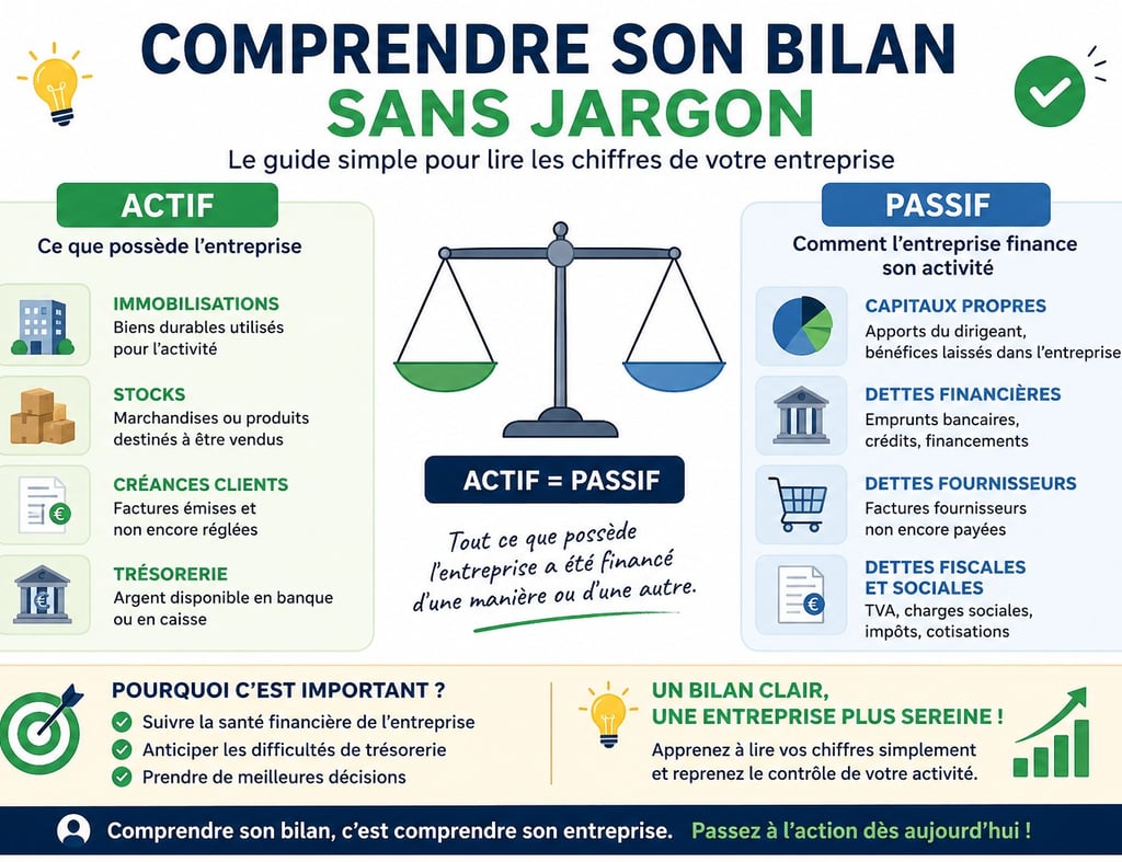 Illustration pédagogique expliquant simplement le bilan comptable avec actif, passif, trésorerie et