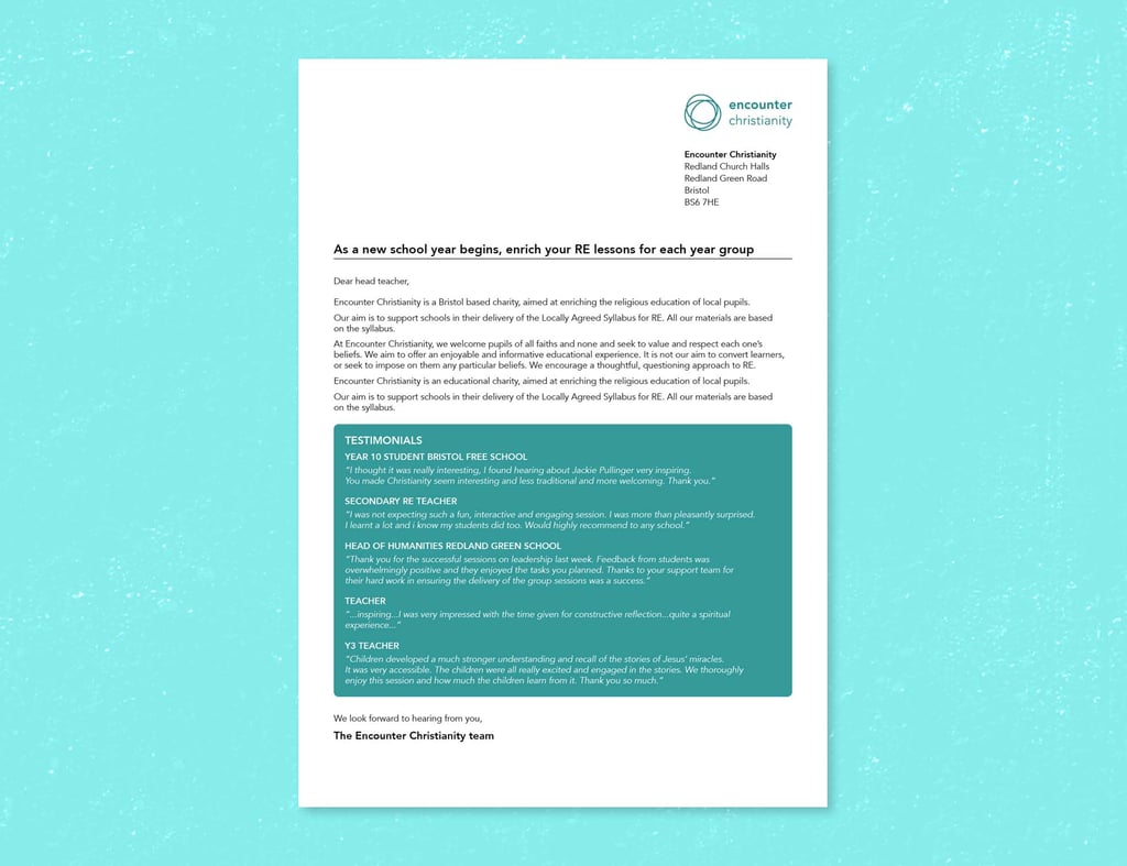 A letter mocked up and laid out on a turquoise background.